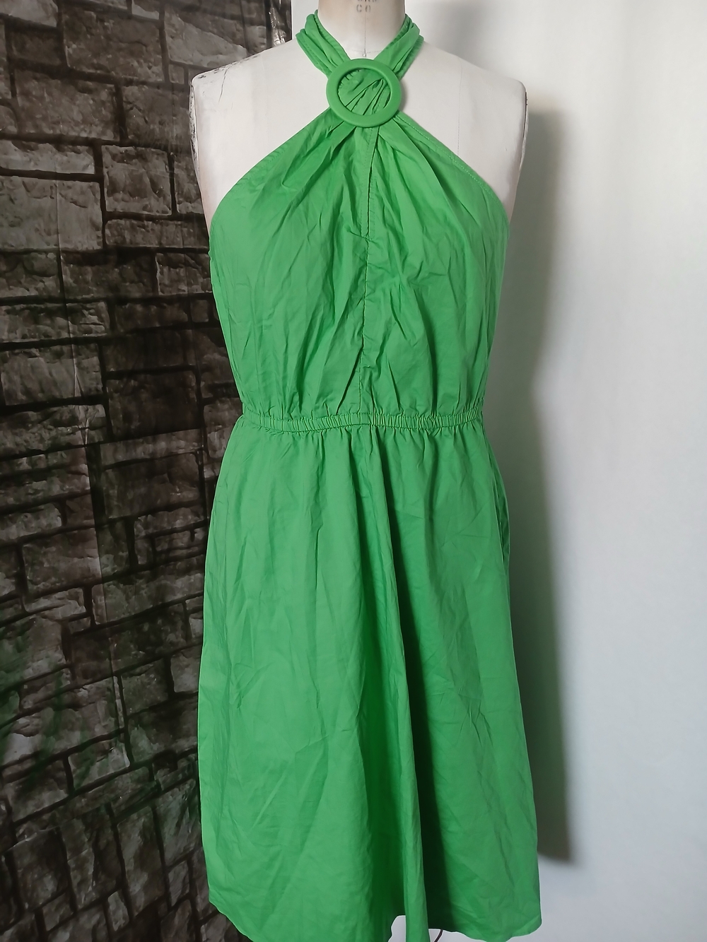 Maggy London Bright Green Halter Midi Dress with Ring Detail